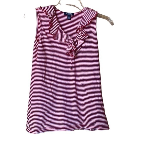 Chaps Tops - Chaps Ruffle Neck Striped Sleeveless V-Neck Tank Top Cotton Red‎ White Medium